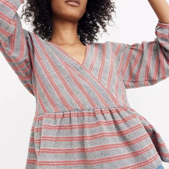 Madewell Striped Bubble Sleeve Peplum Top, Red/Grey, Large - Picture 4 of 10